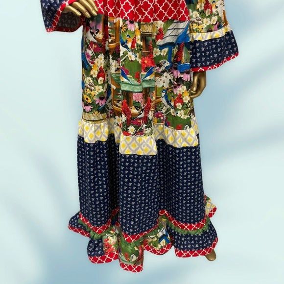 Cute Hobo Styled Maxi Dress Bird & Multi Print Cotton Long Ruffled Dress Women - Picture 5 of 8